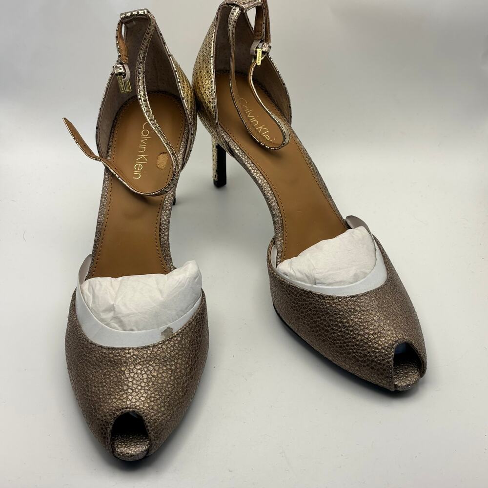 Calvin Klein Metallic Peep Toe Saiden Lizard Heels Gold Ankle Strap Size 8 NEW